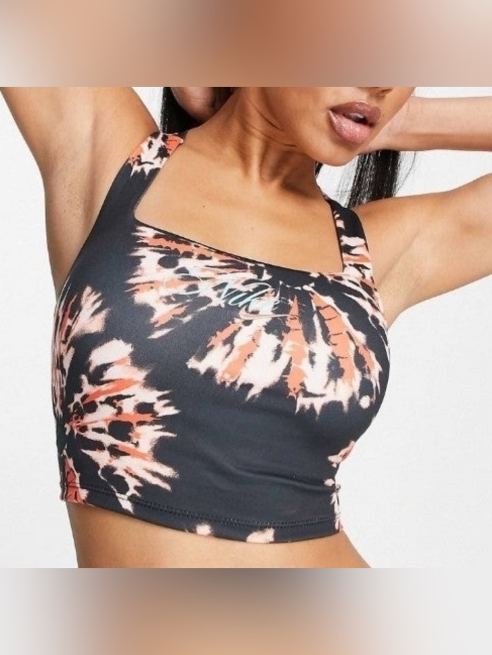 Nike Resort Tie Dye Cropped Training Tank Top Bra, Black and Coral, Medium
